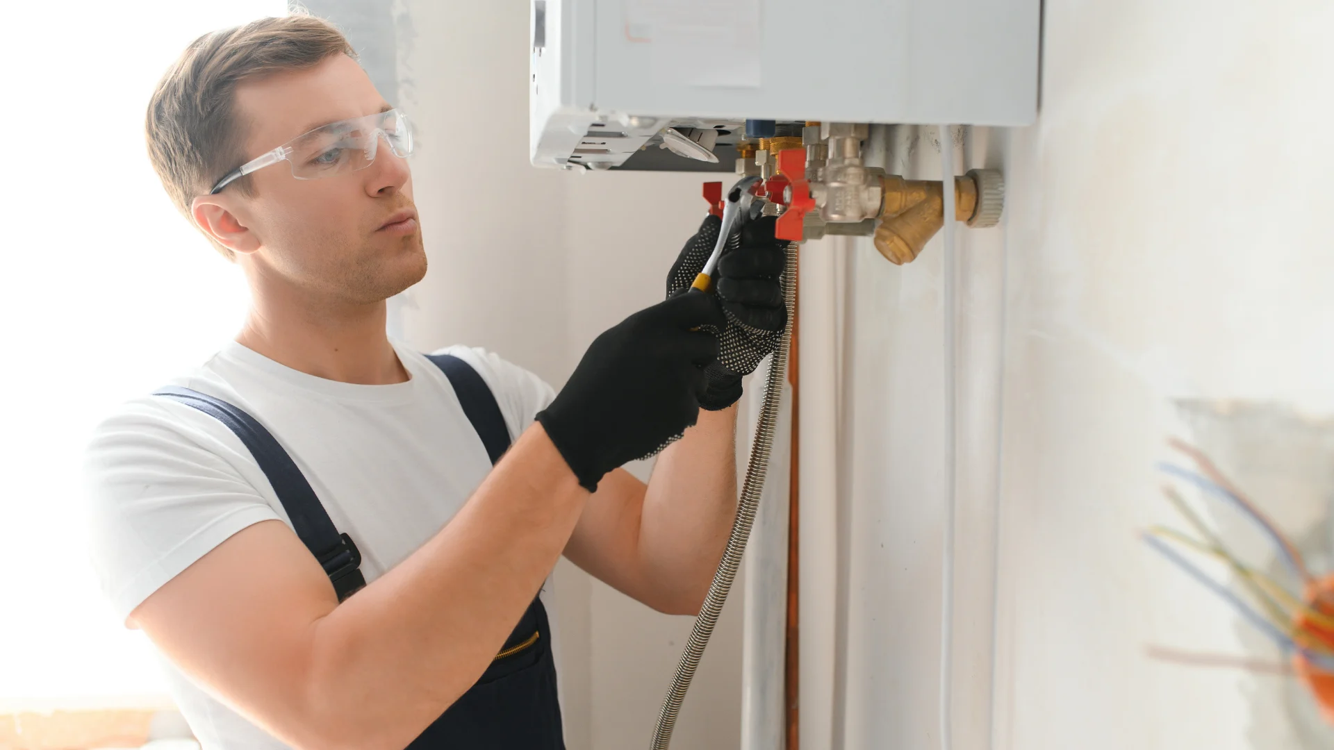 Technician connecting a wall-mounted residential boiler