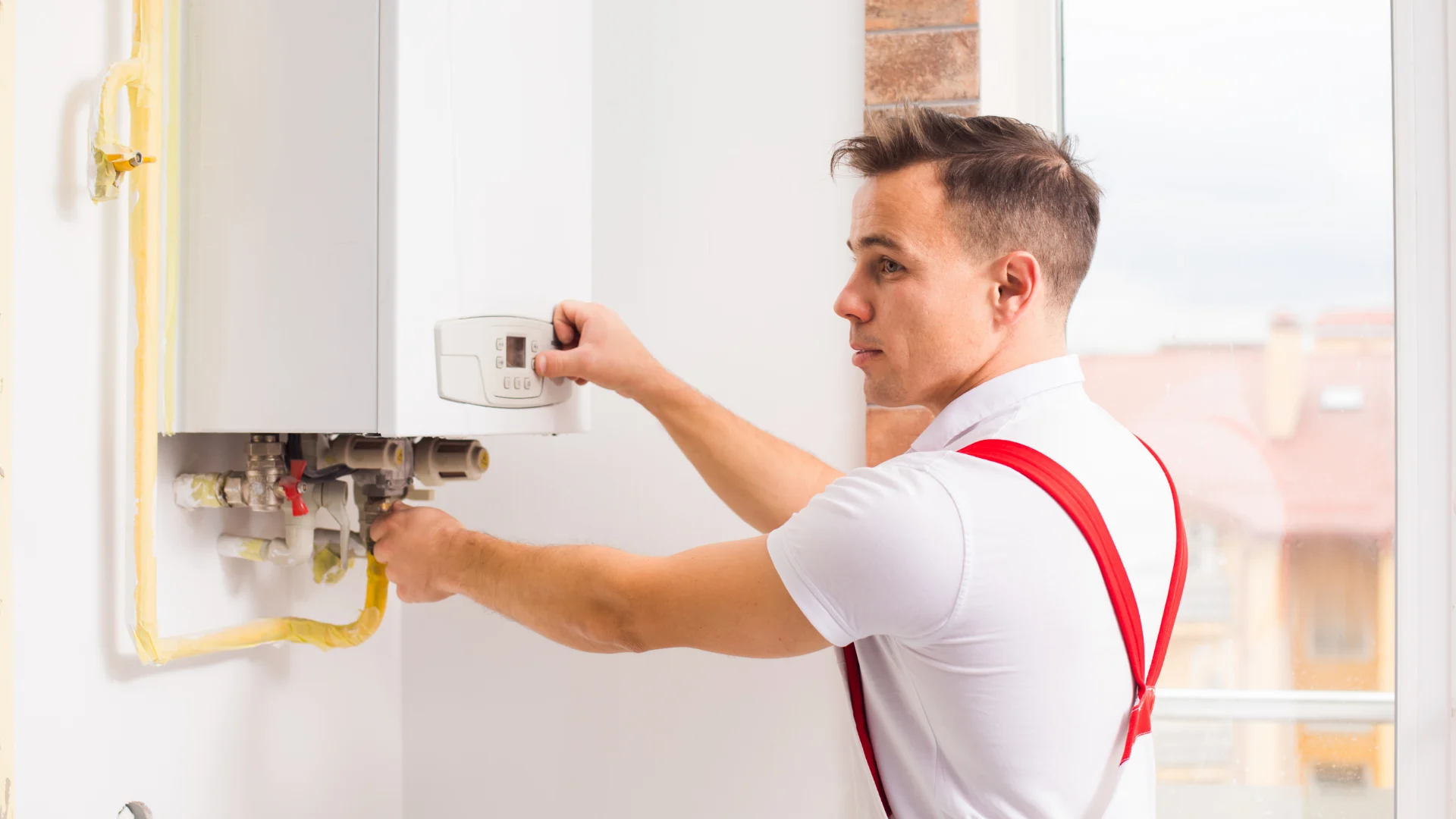 Technician checking a wall-mounted heating unit